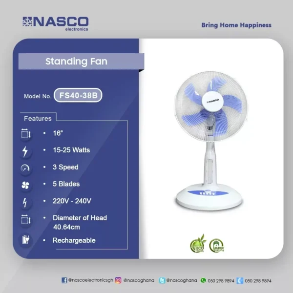 Nasco 16″ Rechargeable Standing Fan (FS40-38B)