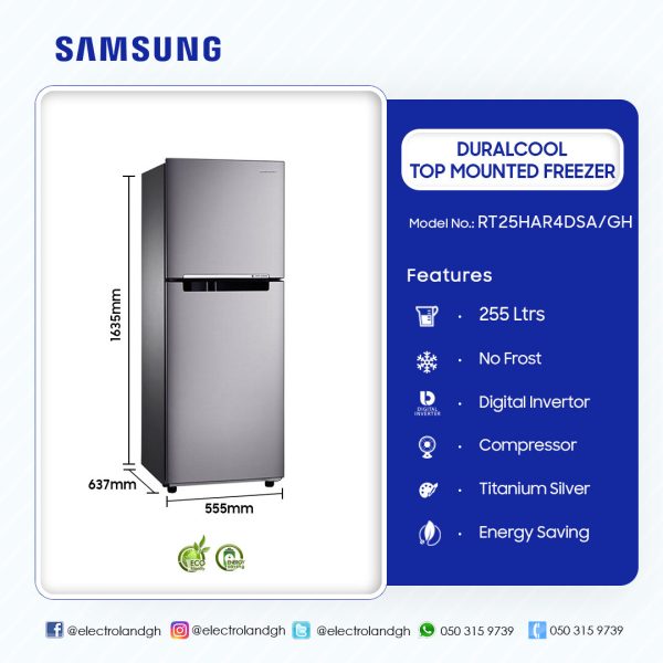 Samsung Top Mount Freezer Refrigerator 255L Silver (RT25HAR4DSA)